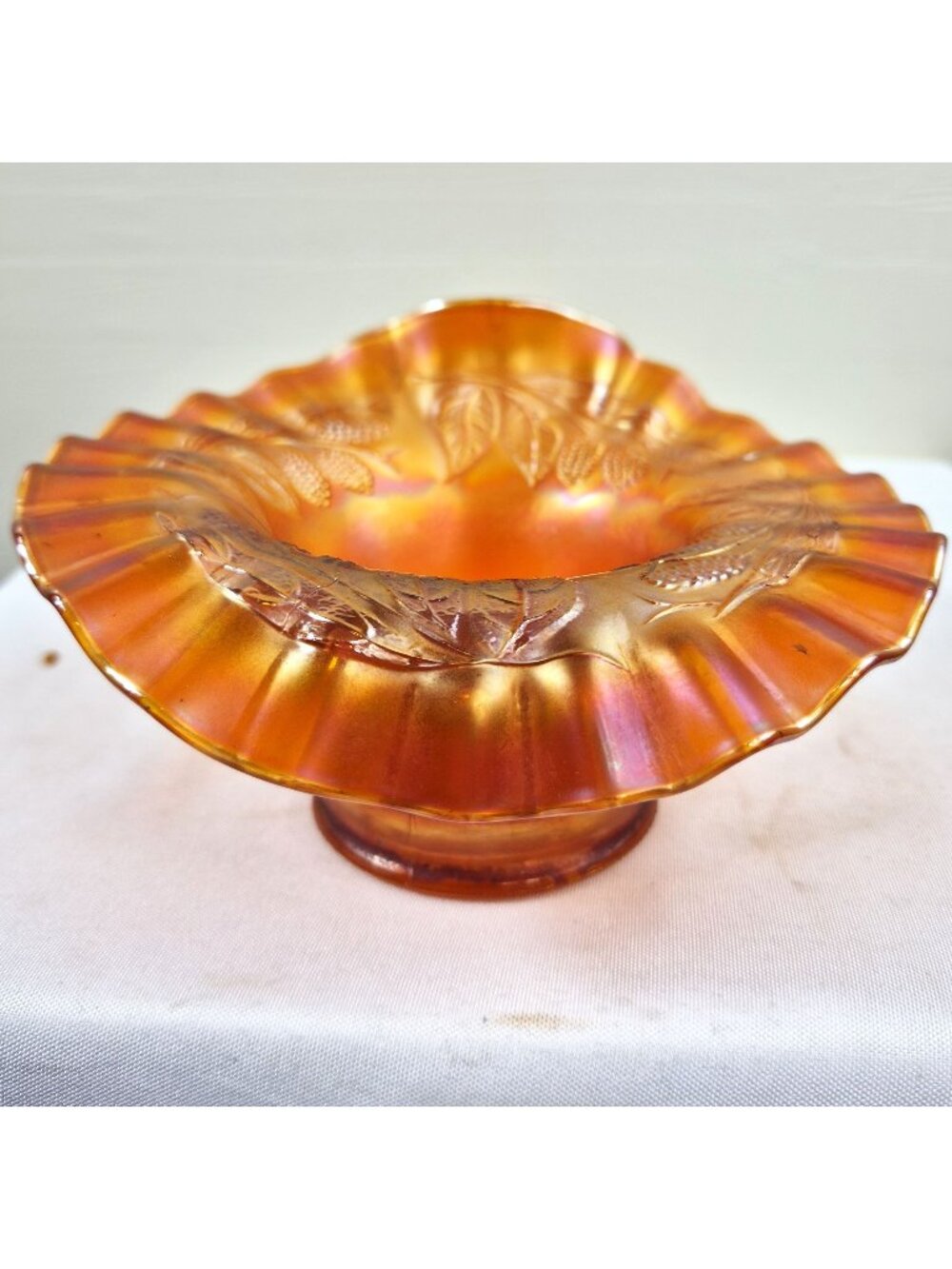 Vintage Marigold Carnival Glass Ruffled Pedestal Compote Blackberry Spray Fenton